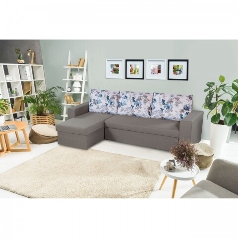 Coltar extensibil reversibil Oslo Grey Blue Flower Bedora, cu lada de depozitare, 247x148x78 cm Bedora