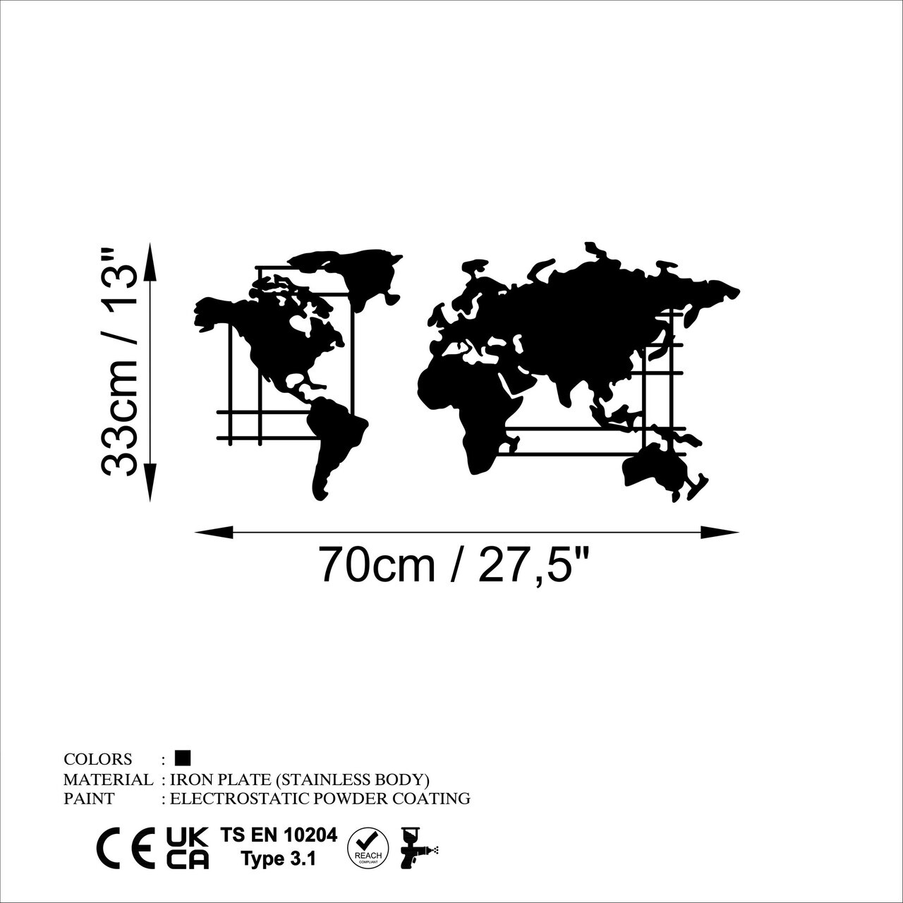 Decoratiune de perete, World Map, 70 x 33 cm, Negru — imaginea 6