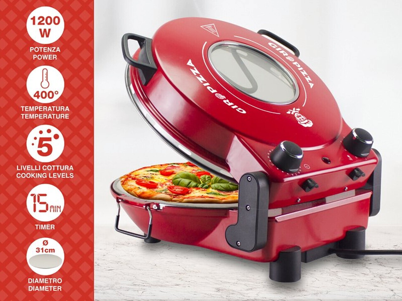 Cuptor electric pizza Beper, 36x35x17.5 cm, 1200W, 5 trepte, ceramica/inox, rosu - view 7