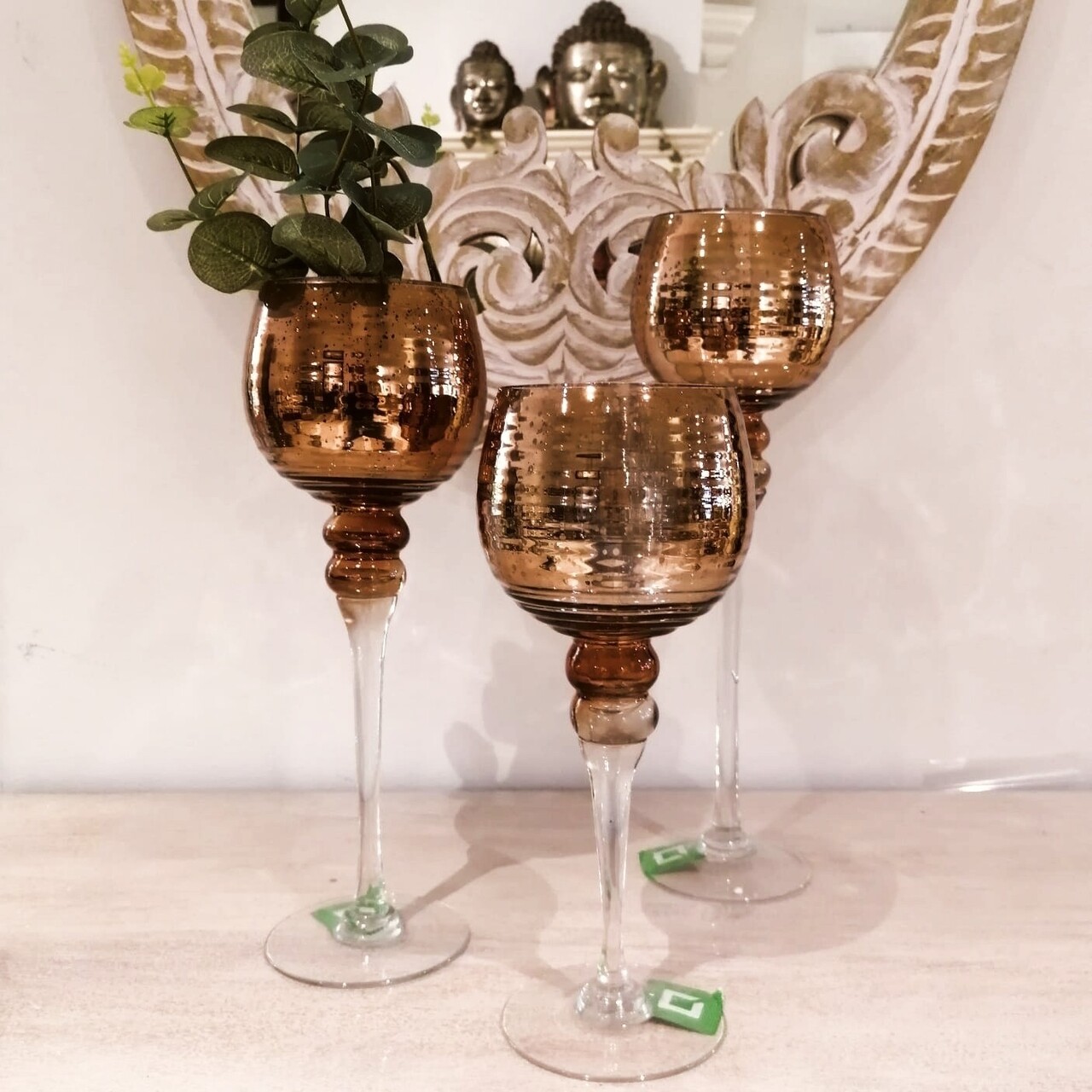 Set 3 suporturi pentru lumanari Stripe Embossment, sticla, maro - 2 | YEO