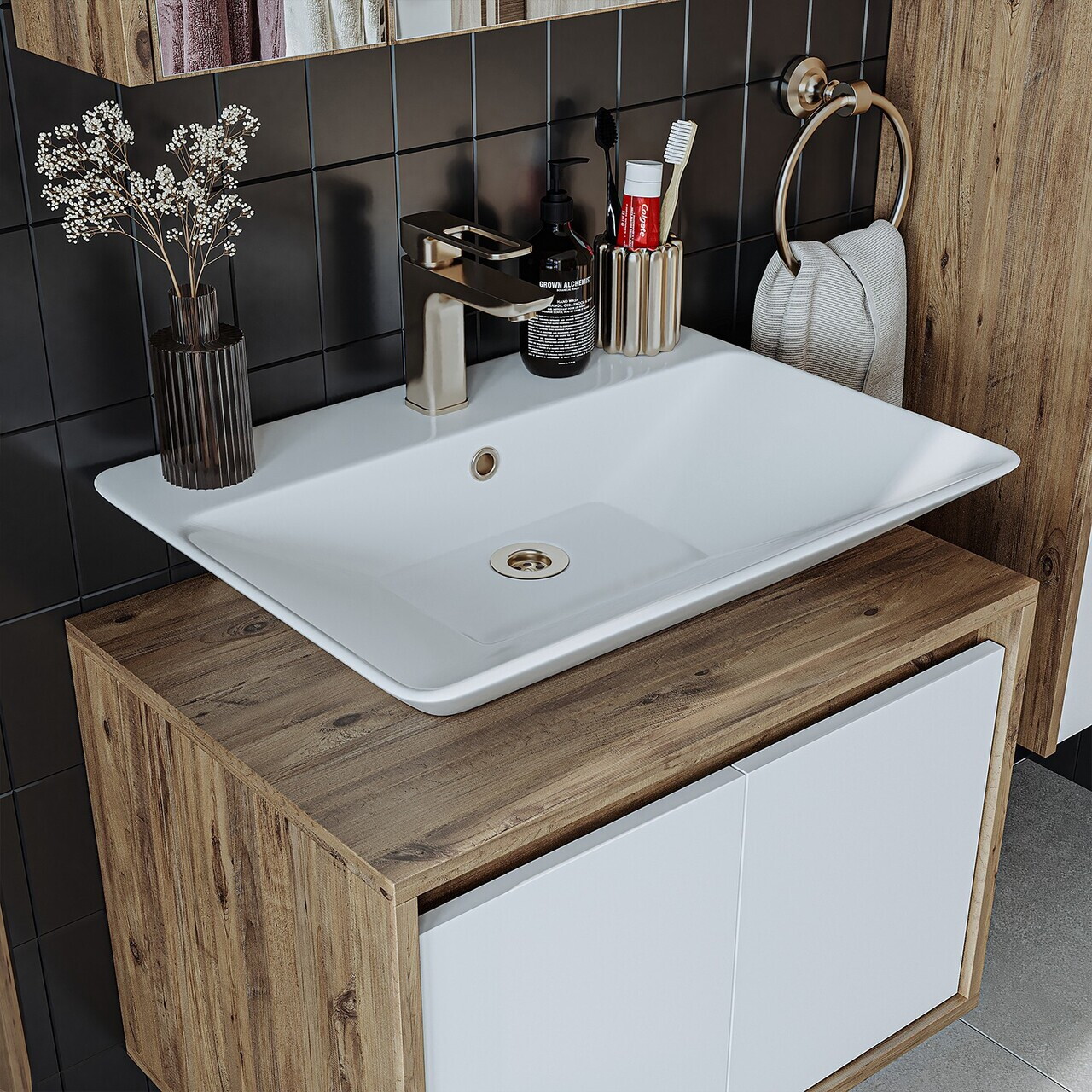 Set Dulap de Baie cu Chiuvetă și Oglindă (3 Piese), Hanah Home, 1756, MDF-LAM, Pin Atlantic / Alb Mat — imaginea 5