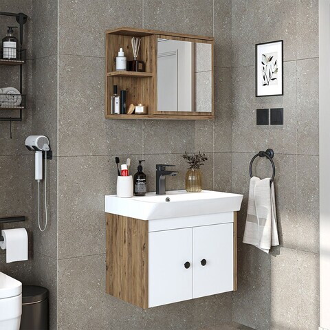 Set Dulap de Baie cu Chiuvetă și Oglindă (2 Piese), Hanah Home, 2864, PAL MELAMINAT, Pin Atlantic / Alb