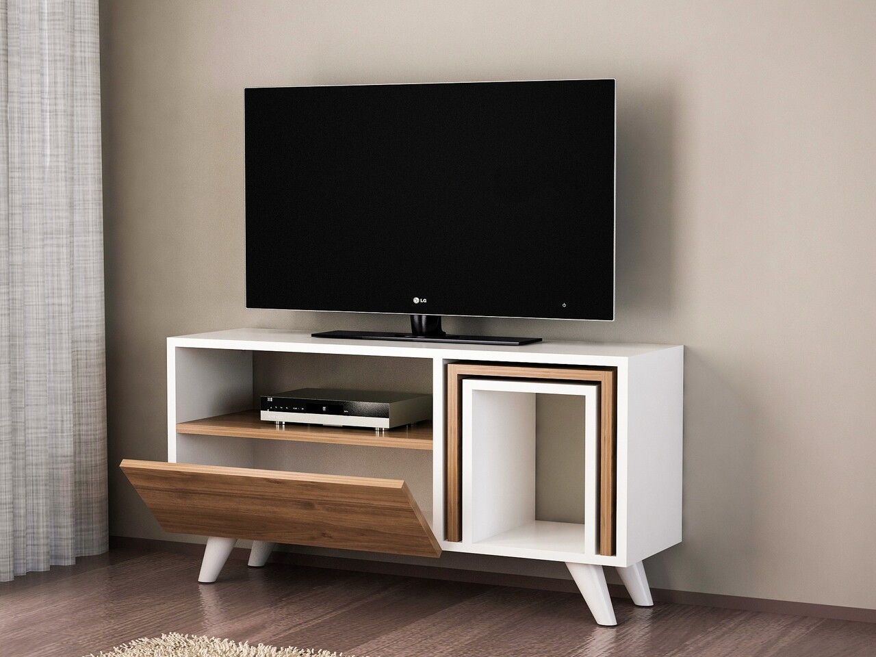 Comoda TV Cu Masuta Novella K2, Furny Home, 90x29.5x51 Cm, Alb/bej