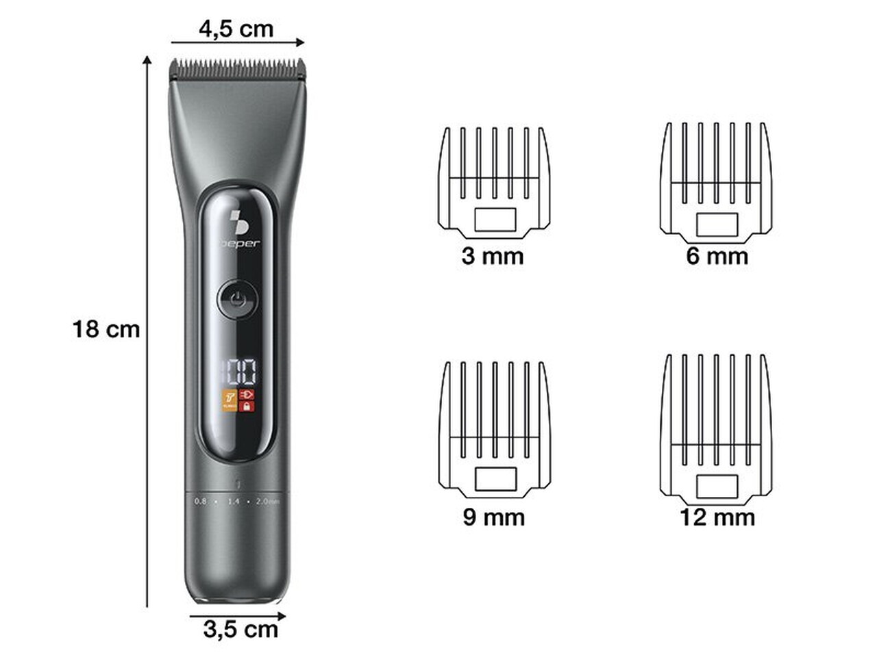 Aparat de tuns cu afisaj LED, Beper, 18x3.5x4.5 cm, 2 viteze, 4 piepteni reglabili, ABS/titan/ceramica, gri — imaginea 2