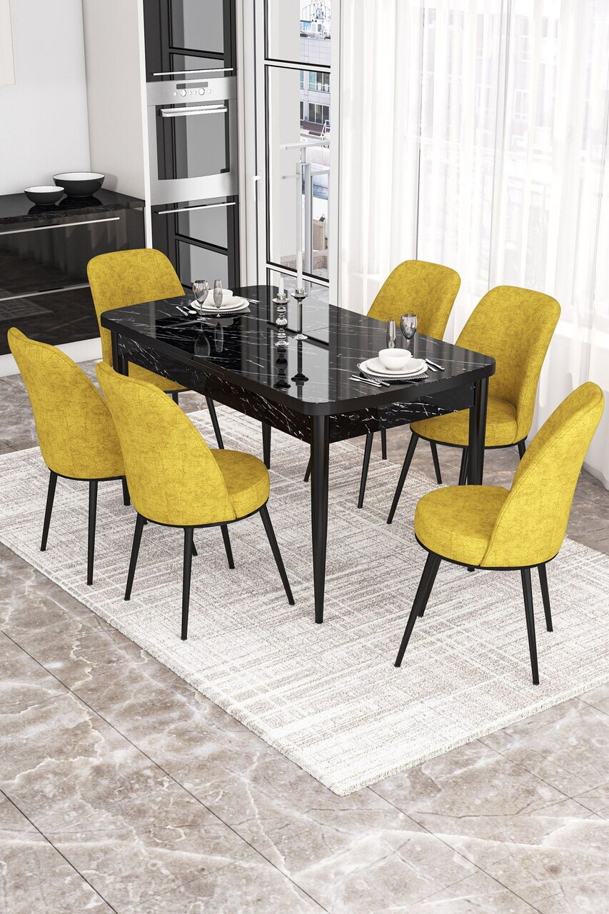Set masa extensibila si scaune (7 piese), Hanah Home, Via, Model de marmură neagră / Muștar