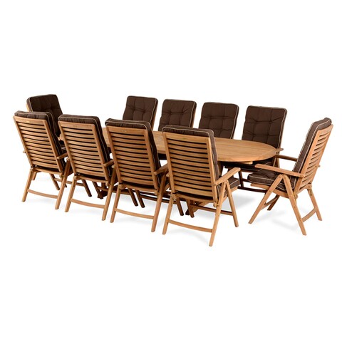 Set 10 scaune cu spatar reglabil si masa extensibila, Tropical, lemn, natur/maro
