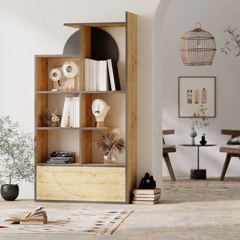 Biblioteca half, decortie, 85x30x164 cm, pal melaminat, antracit/oak