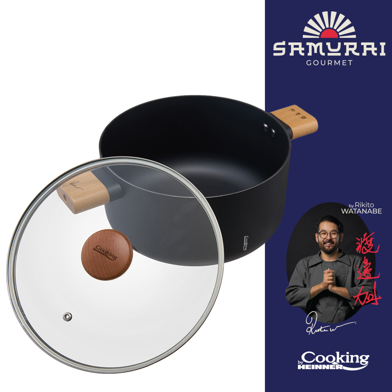 Oala cu capac, Samurai Gourmet by Rikito Watanabe si Cooking by Heinner, 28x14 cm, 7.8 L, aluminiu, negru/natur - imagine 4