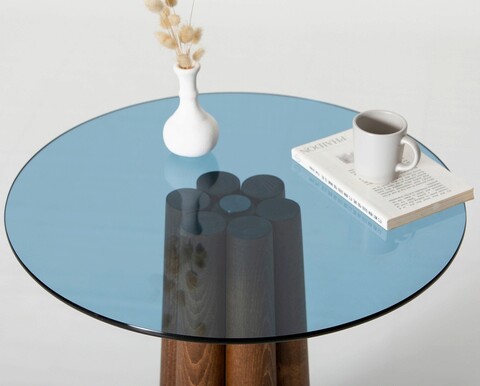 Masuta de cafea, Neostill, Thales Walnut, Albastru, 50x50x50 cm, Sticla temperata, Nuc / Albastru