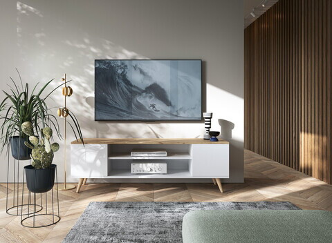 Comoda TV ADRK, Petra, 155x40x50 cm, PAL laminat, alb/natur