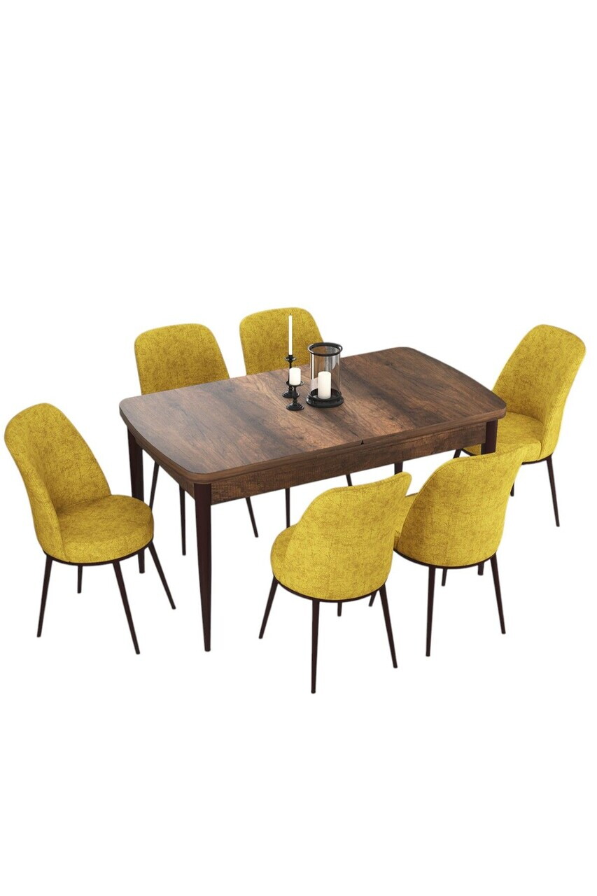 Set masa extensibila si scaune (7 piese), Hanah Home, Via, Model baroc din lemn / Muștar — imaginea 2