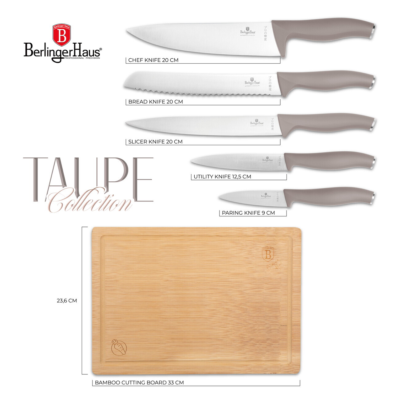 Set 5 cutite cu tocator Berlinger Haus, Taupe, inox/bambus, taupe mat/natur - imagine 6