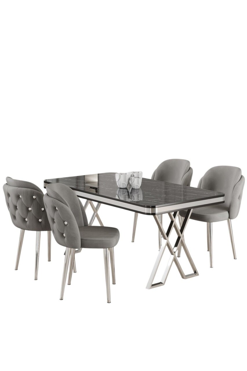 Set masă și scaune (5 bucăți), Hanah Home, Rigel, Marmură neagră / Crom / Gri - imagine 2