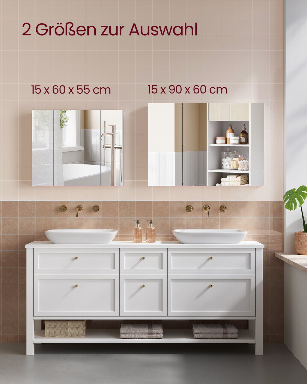 Dulap baie cu oglinda Vasagle, 3 usi si rafturi reglabile, 90x15x60 cm, PAL/sticla, alb - imagine 5