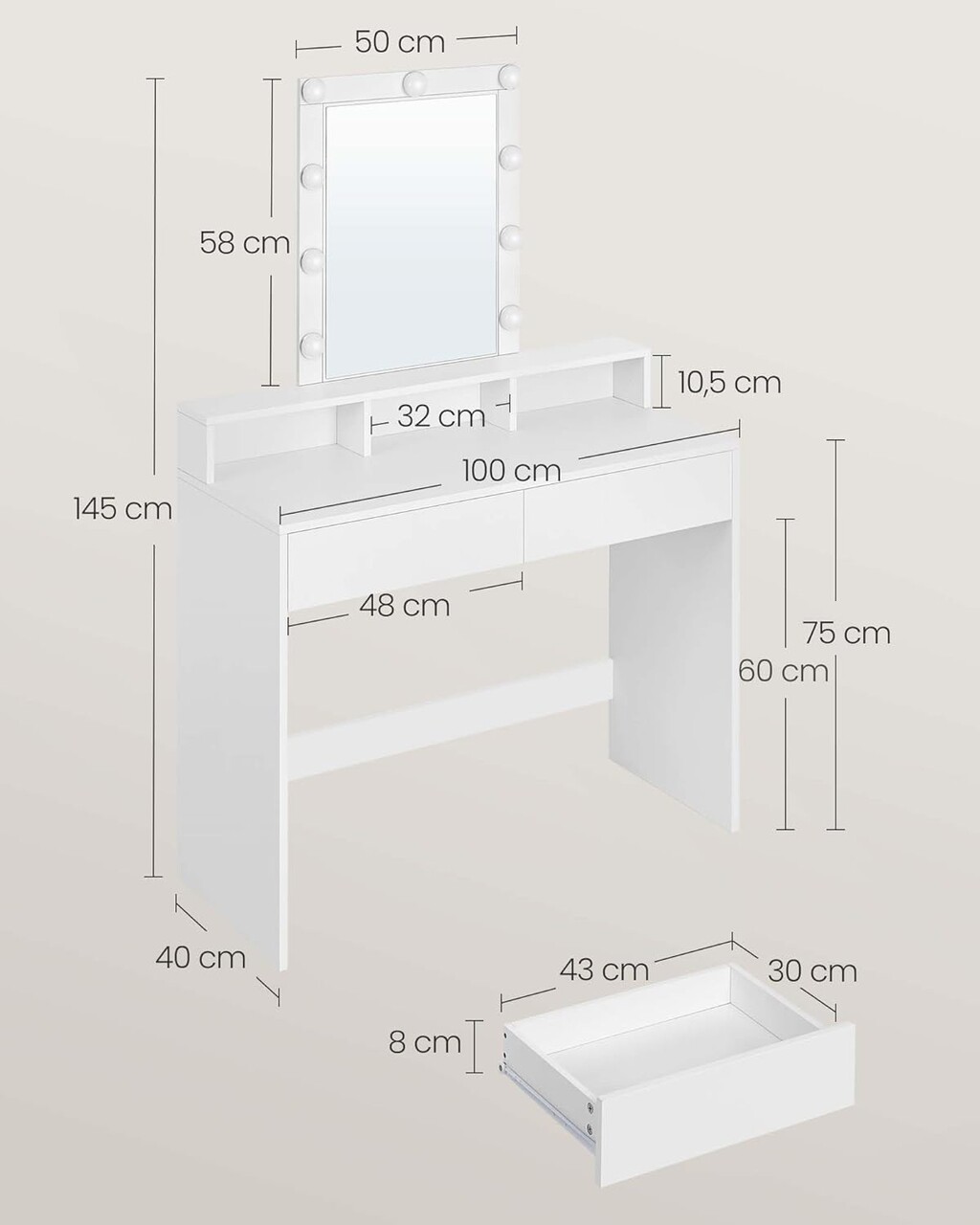 Masa de toaleta cu  oglinda cu LED-uri ajustabile / masuta dressing, Vasagle, 100x40x145 cm, PAL, alb - 1 | YEO