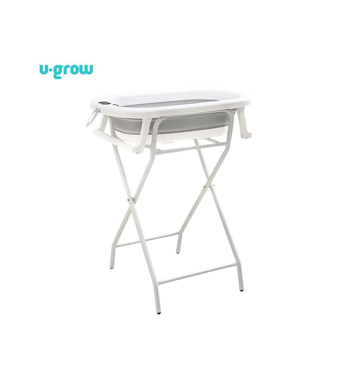 Cadita pliabila cu suport metalic si termometru U-grow, 85x47x21.5 cm, metal, alb/gri - imagine 3