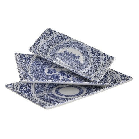 Set 3 platouri pentru servire La Maison, InArt, 27x16x4 cm, ceramica, alb/albastru