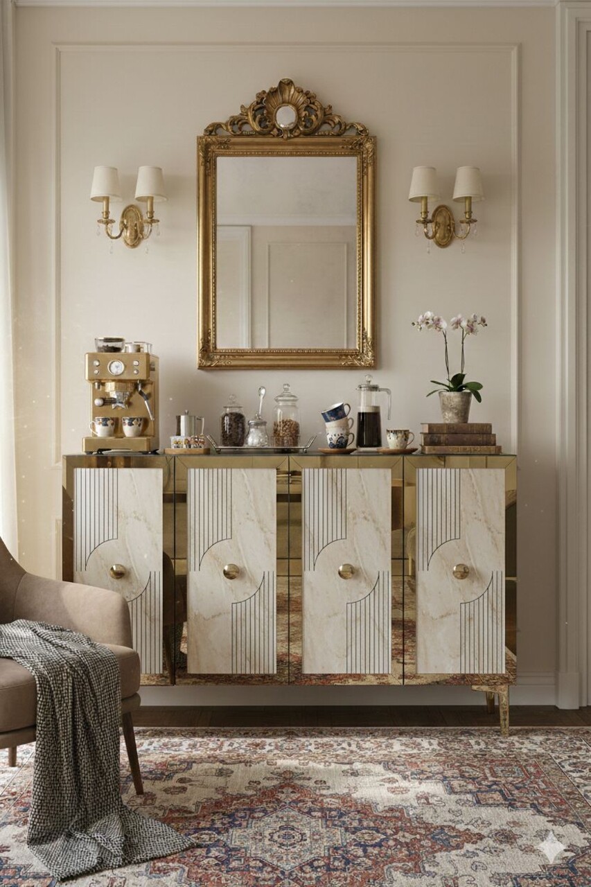 Consola, Hanah Home, Pega 120, 120x79x32 cm, White / Travertine / Gold - view 3