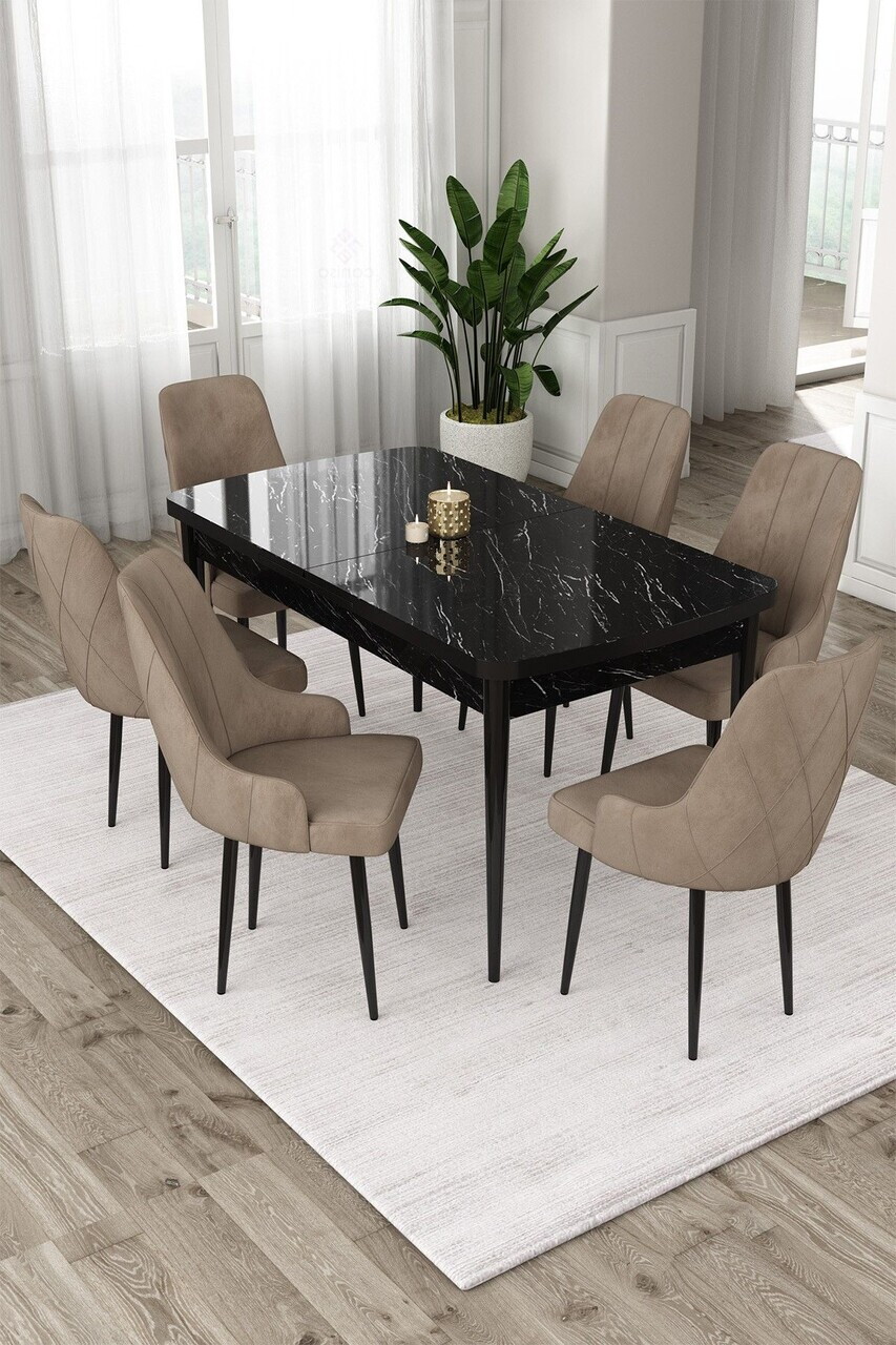 Set masa extensibila si scaune (7 piese), Hanah Home, Eta, Model de marmură neagră / Cappuccino