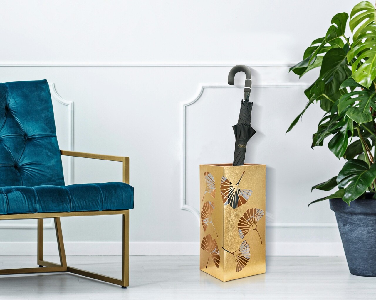 Suport pentru umbrele Carved Leaf, Mauro Ferretti, 24x24x55 cm, fier, auriu