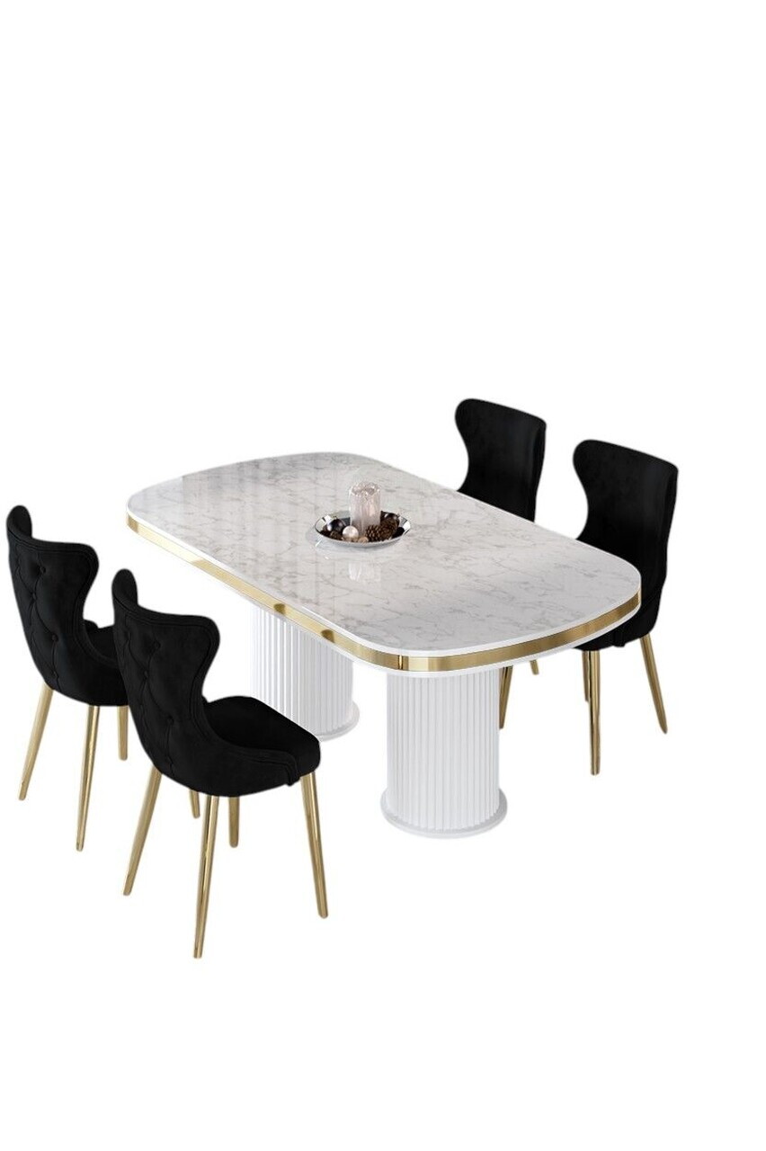 Set masa si scaune (5 piese), Hanah Home, Galya, Model de marmură albă / Auriu / Negru — imaginea 2