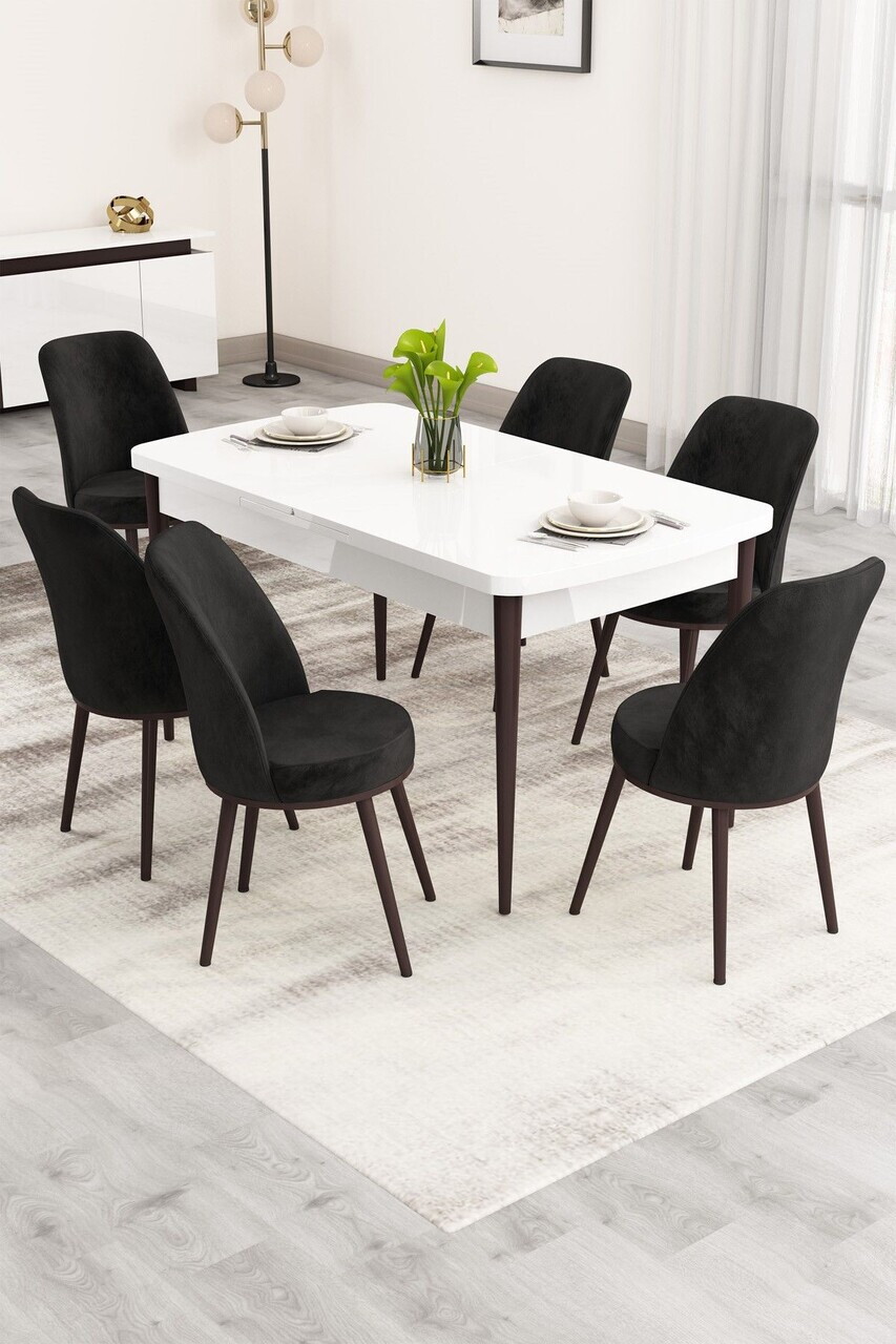 Set masa extensibila si scaune (7 piese), Hanah Home, Nix, Alb / Maro / Negru