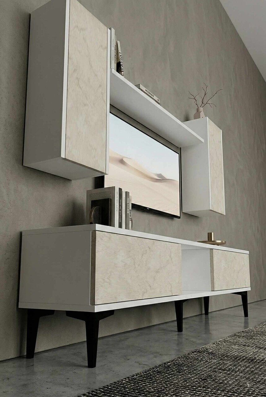 Comoda TV, Hanah Home, Didema 150, 150x40.5x30 cm, Alb / Travertin — imaginea 3