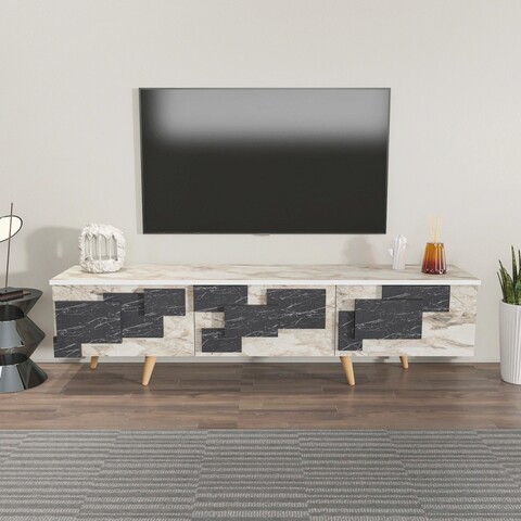 Comoda tv, zena home, 3 d, 160x45x35 cm, pal, alb / marmură