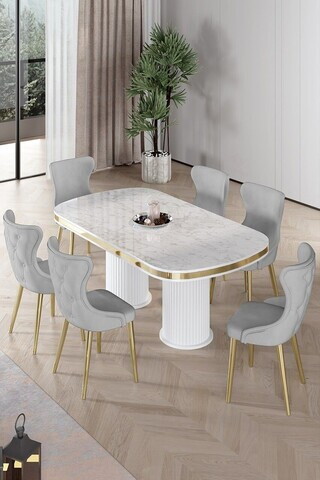 Set masa si scaune (7 piese), Hanah Home, Galya, Model de marmură albă / Auriu / Gri