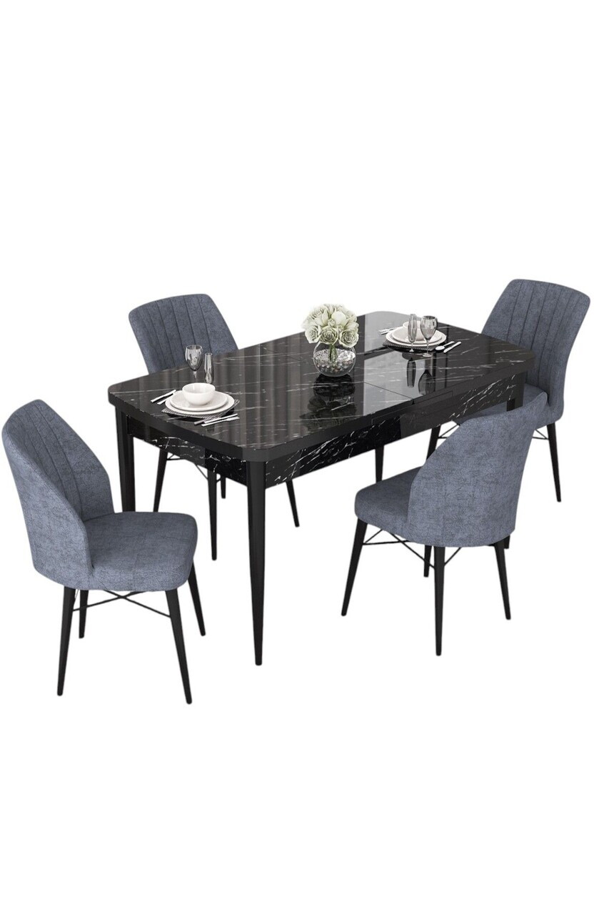 Set masa extensibila si scaune (5 piese), Hanah Home, Nef, Model de marmură neagră / Afumat — imaginea 2