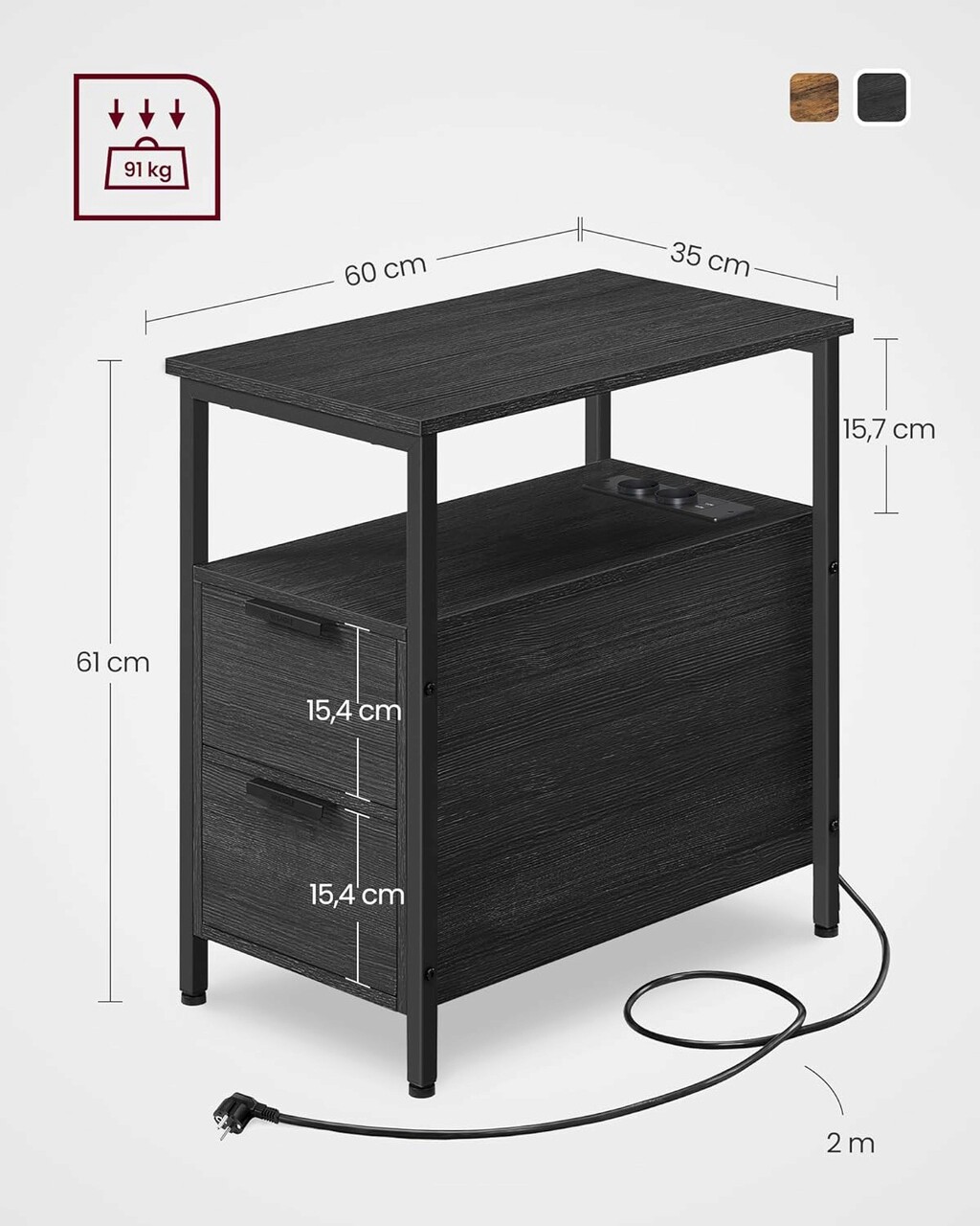 Masuta laterala cu priza si USB / noptiera cu 2 sertare, Vasagle, 60 x 35 x 61 cm, PAL/otel, negru - 1 | YEO