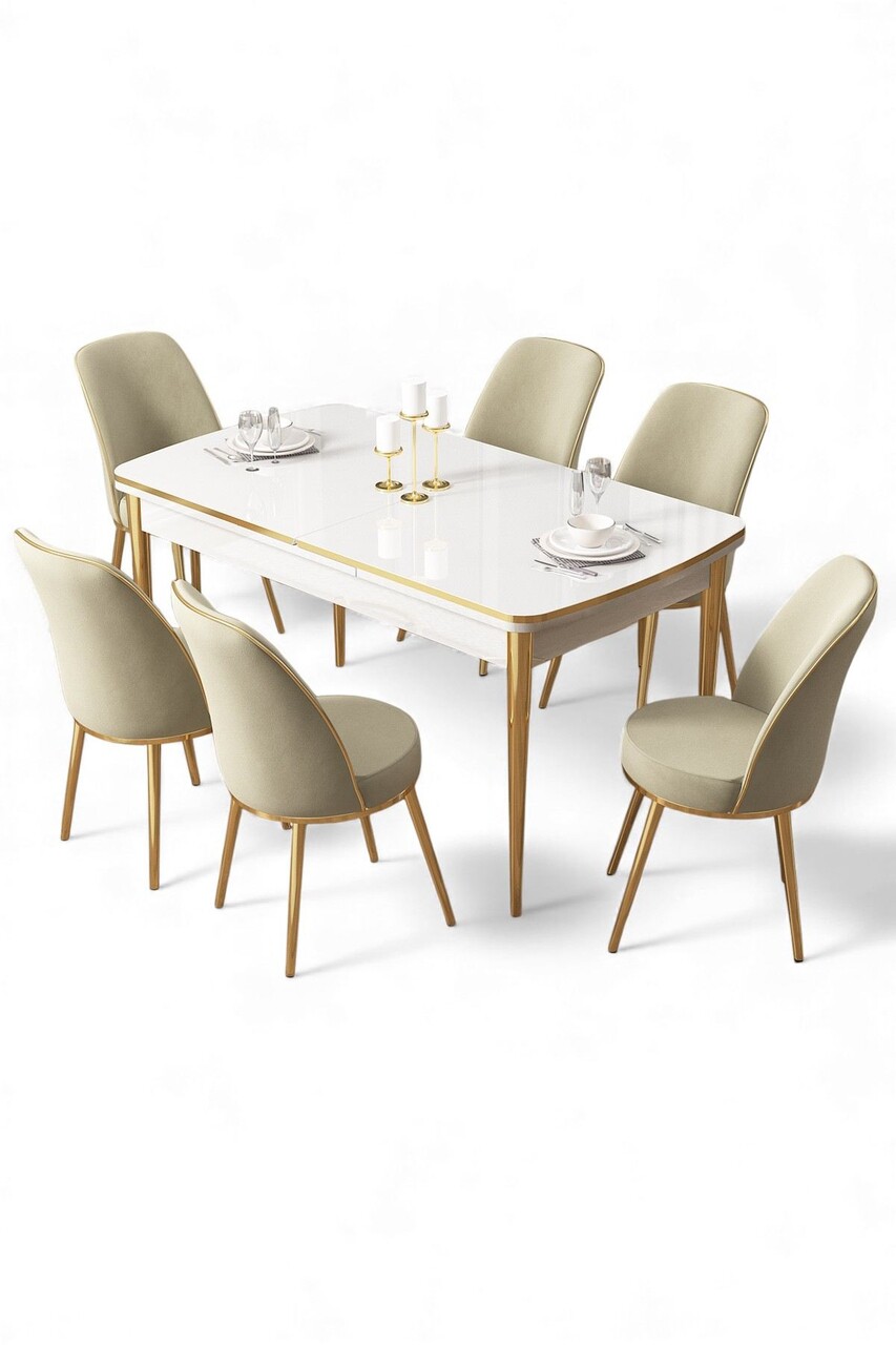 Set masa extensibila si scaune, Hanah Home, Nira, Alb / Auriu / Crem - view 2