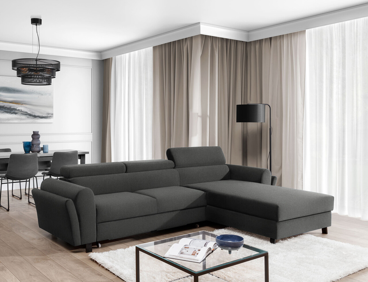 Coltar extensibil dreapta 4 locuri ELTAP, Mari-41, Mariall, 288x200x92 cm, lemn/poliester, gri inchis - 1 | YEO