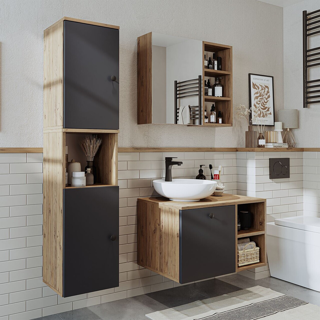 Set Dulap de Baie cu Chiuvetă și Oglindă (3 Piese), Hanah Home, 2473, MDF, Pin Atlantic / Antracit — imaginea 2