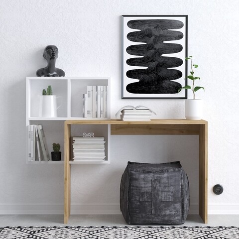 Birou, emerald, adell, 98 x 124 x 45 cm, pal melaminat, alb/stejar