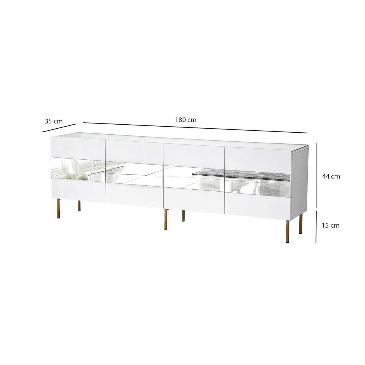 Comoda TV, Neostill, Leon, 180x59x35 cm, PAL, Alb/Auriu