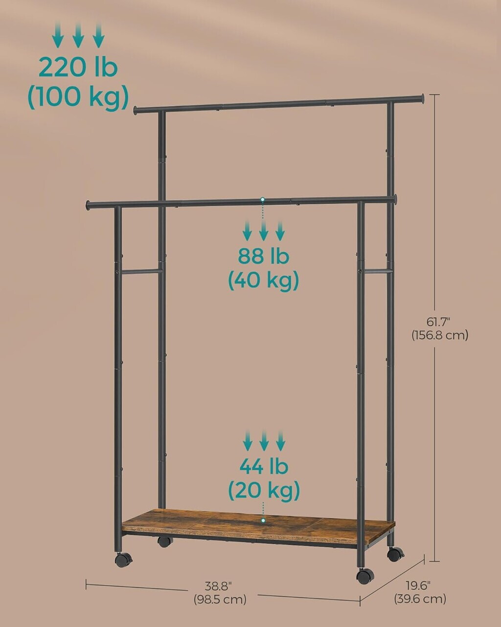 Suport dublu pentru umerase, Songmics, cu roti, 98.5x39.6x156.8 cm, otel, maro - imagine 3