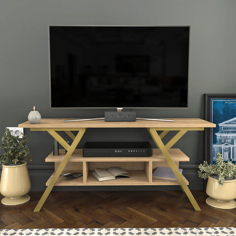 Comoda tv, retricy, minerva, 120x35x55 cm, pal, aur / stejar