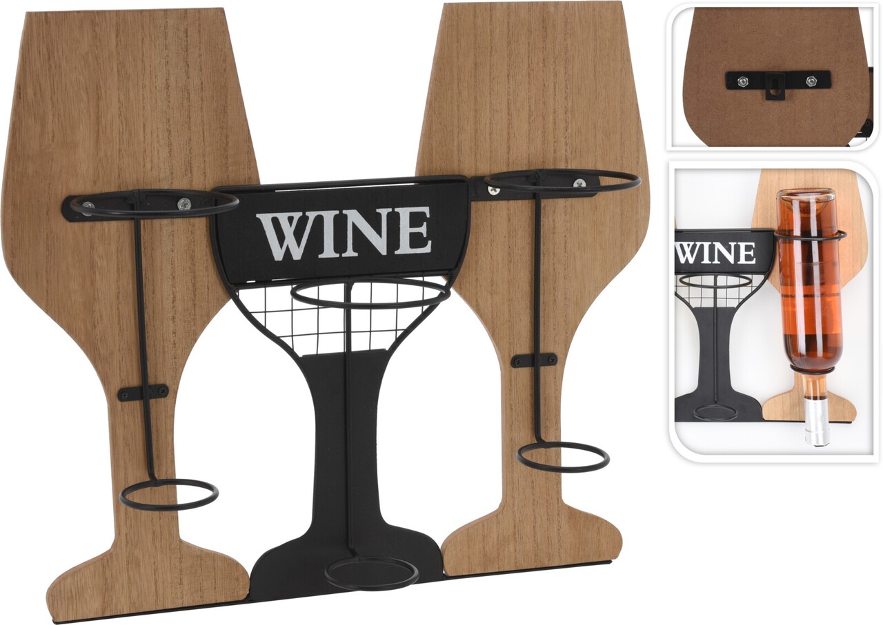 Suport pentru 3 sticle de vin, 39x11x35 cm, cu fixare pe perete, metal