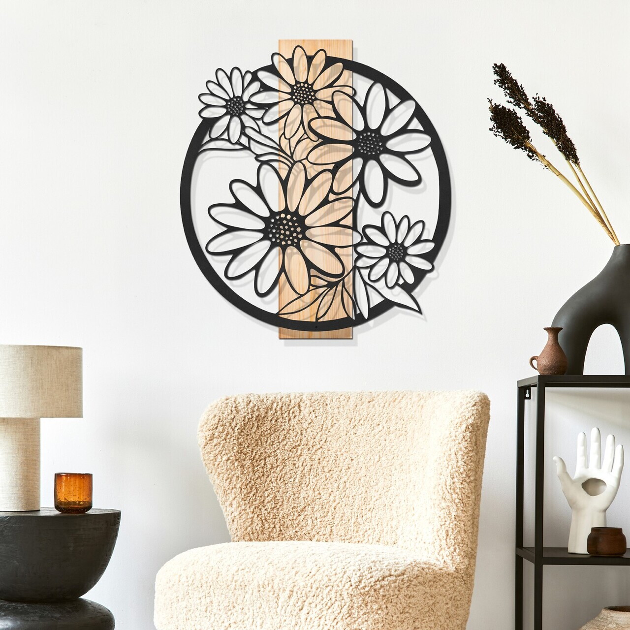 Decoratiune de perete, Marguerite, Cadru: Lemn (Grosime: 2 cm), Natural/Negru — imaginea 2
