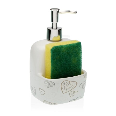 Dozator detergent lichid cu suport burete Cozy Hearts, Versa, 10.5 x 9.4 x 17.8 cm, ceramica