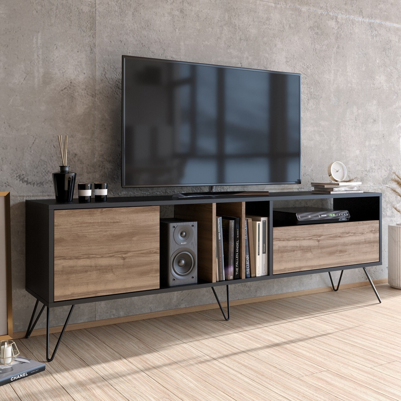 Comoda TV Mistico Walnut, Zena Home, 180x35.5x58.7 Cm, Maro/negru