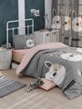 Lenjerie de pat pentru o persoana, Tavşancık - Light Brown, Grey, Roz, Eponj Home, 65% bumbac/35% poliester