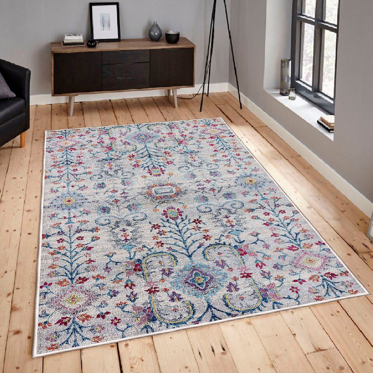 Covor, Woosonıl106, 160x230 cm, Bumbac, Albastru / Portocaliu / Roz / Gri — imaginea 2