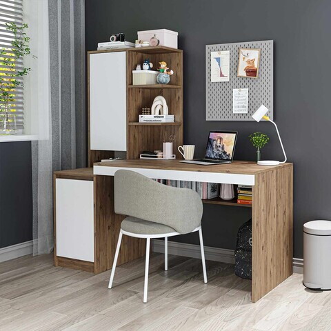 Birou, Hanah Home, Nora Left, 160x157.8x60 cm, PAL, Alb/Pin Atlantic