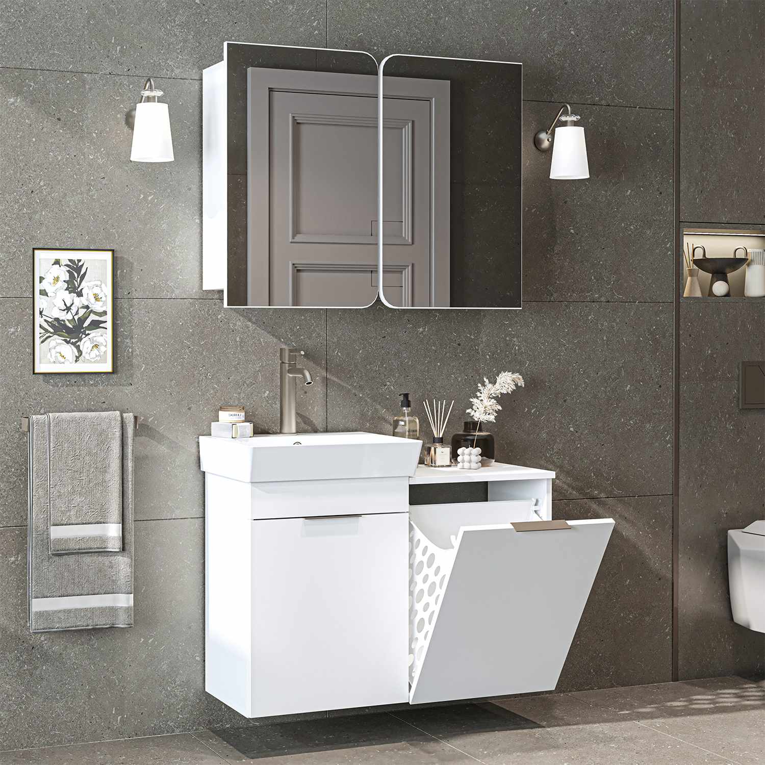 Set Dulap de Baie cu Chiuvetă și Oglindă (2 Piese), Hanah Home, Dubai Sepetli, PAL, Alb