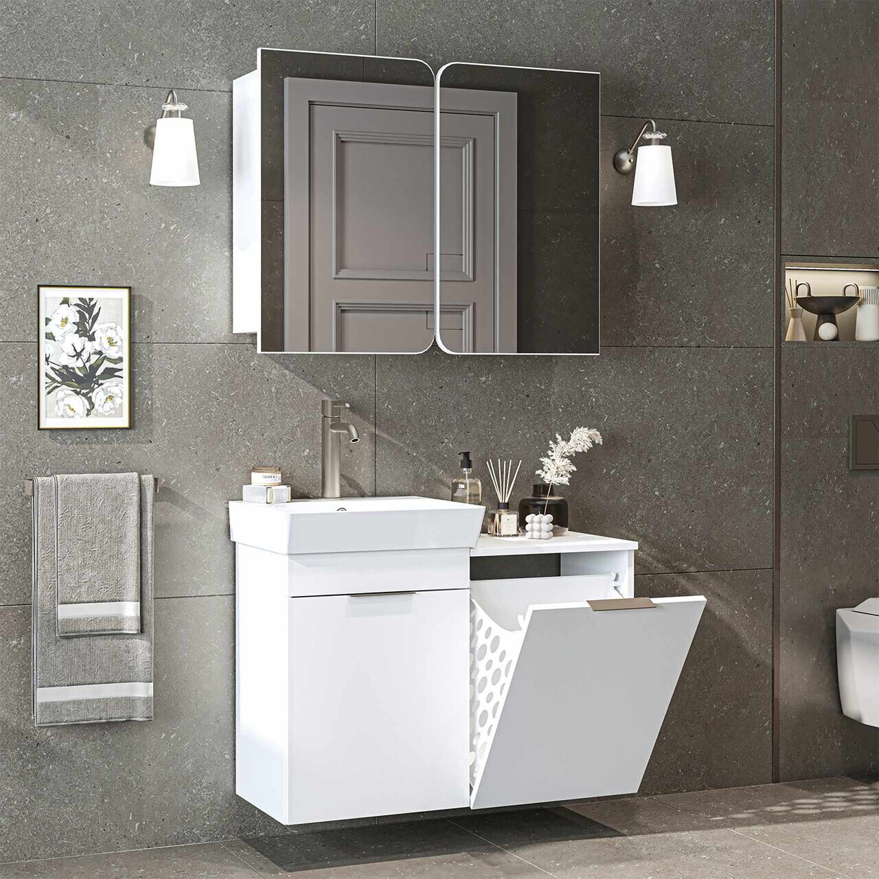 Set Dulap de Baie cu Chiuvetă și Oglindă (2 Piese), Hanah Home, Dubai Sepetli, PAL, Alb