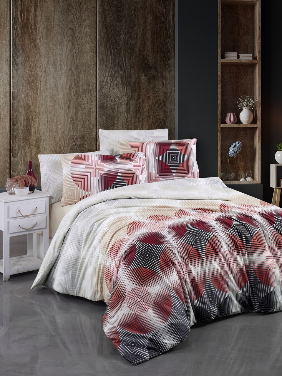 Lenjerie de pat dubla King (EU) (ES) L'essentiel Maison Bisa Roșu / Alb / Bej / Negru