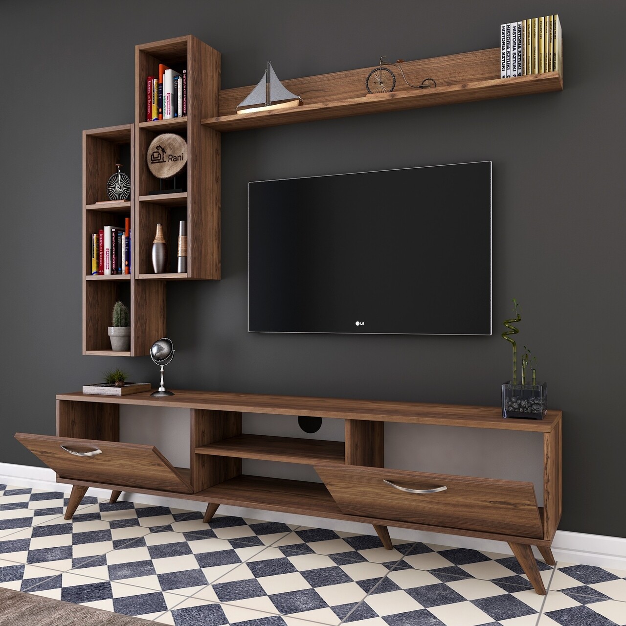 Comoda TV Cu 3 Rafturi De Perete M16 - 262, Wren, 180 X 35 X 48.6 Cm/90 Cm/133 Cm, Walnut