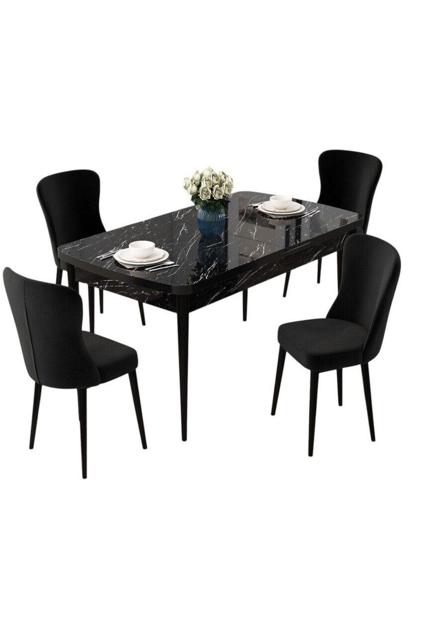 Set masa extensibila si scaune (5 piese), Hanah Home, Due, Model de marmură neagră / Negru — imaginea 2